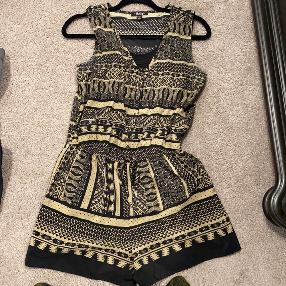Tan and black print romper